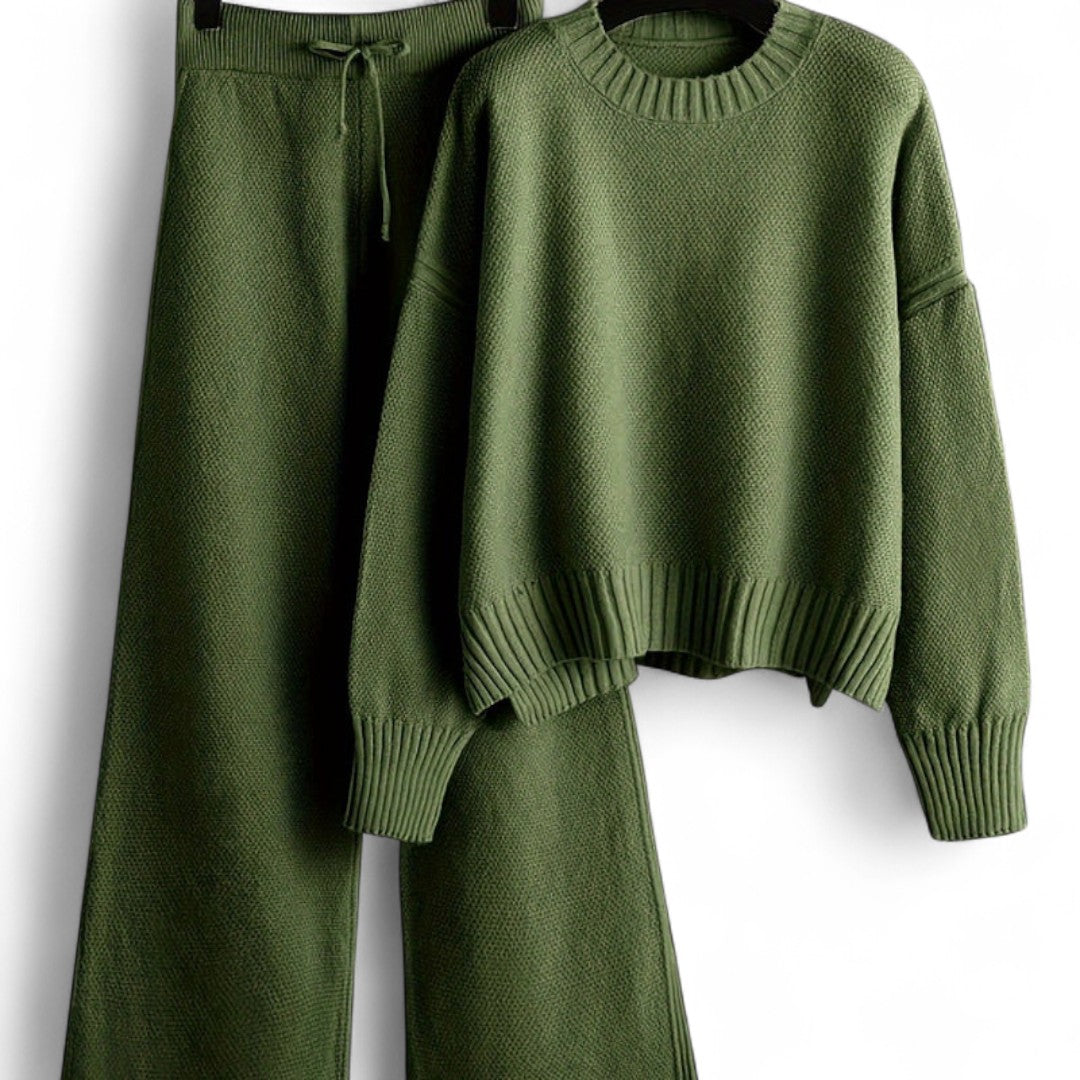 Women’s Knitted Two Piece Set – Long Sleeve Jumper, Wide Leg Trousers, Drawstring Waist