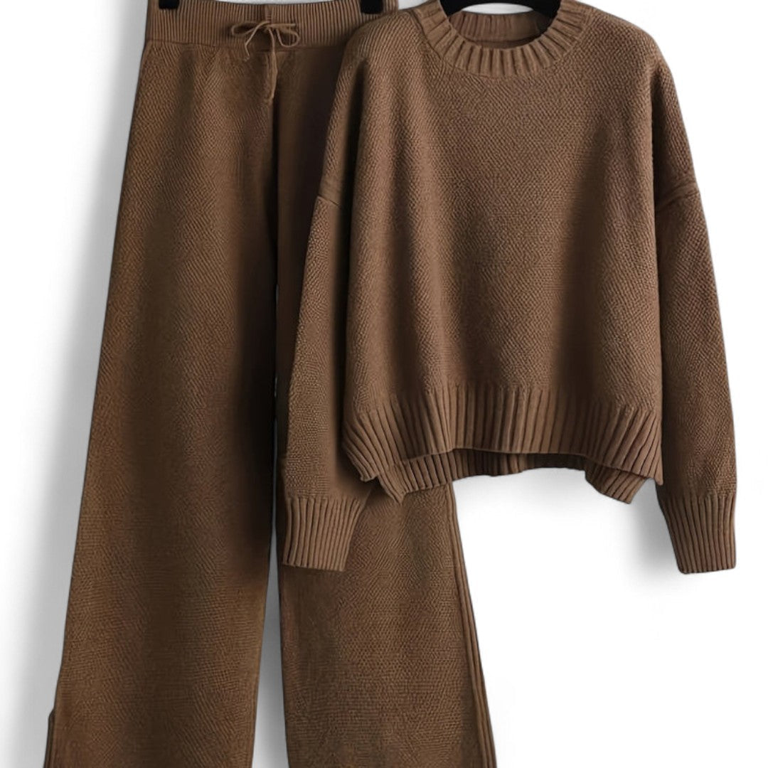 Women’s Knitted Two Piece Set – Long Sleeve Jumper, Wide Leg Trousers, Drawstring Waist