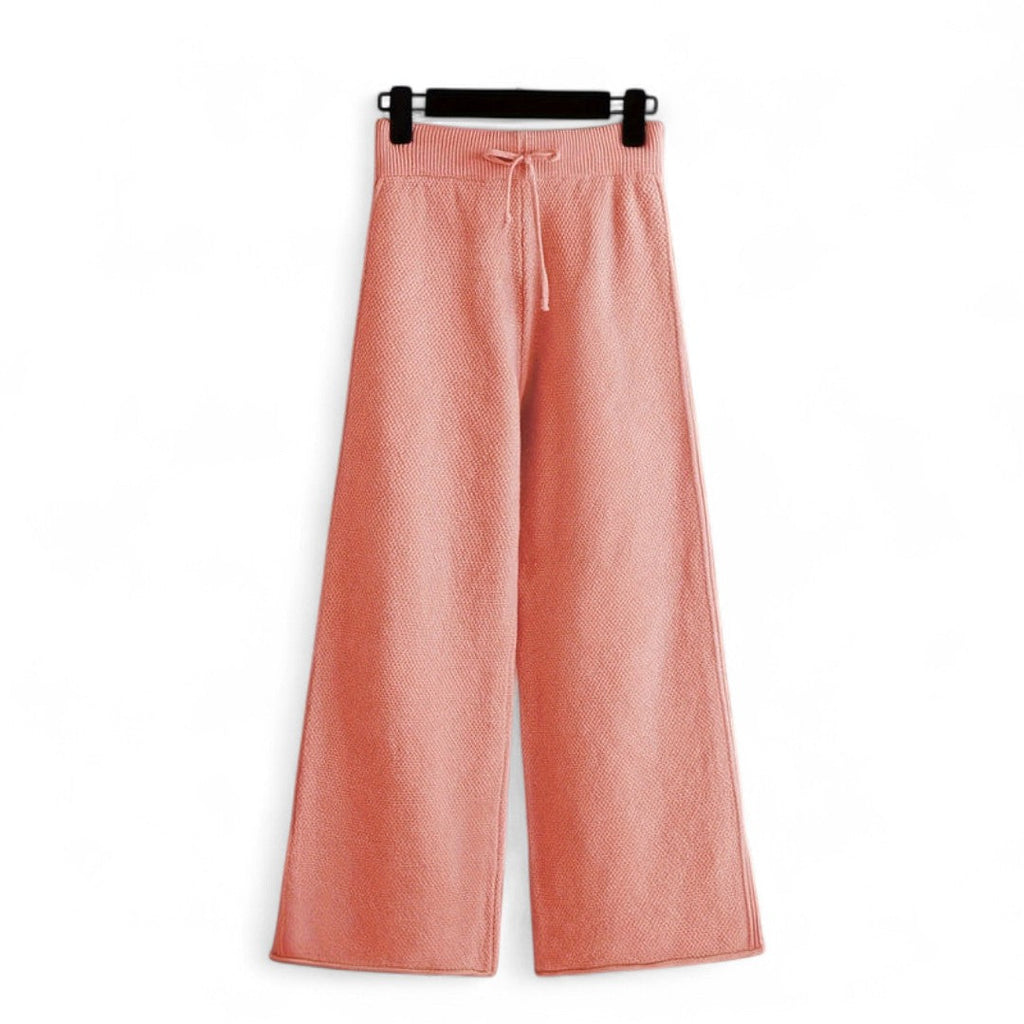 Women’s Knitted Two Piece Set – Long Sleeve Jumper, Wide Leg Trousers, Drawstring Waist