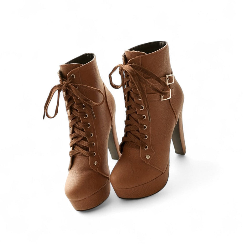 Women’s Lace Up Ankle Boots – Platform Design with Block Heel and Buckle Detail
