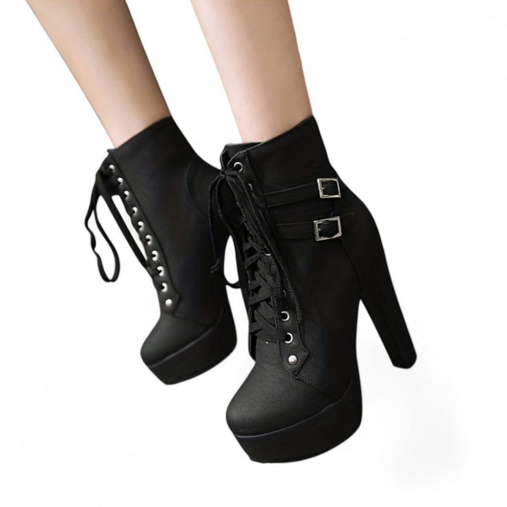 Women’s Lace Up Ankle Boots – Platform Design with Block Heel and Buckle Detail