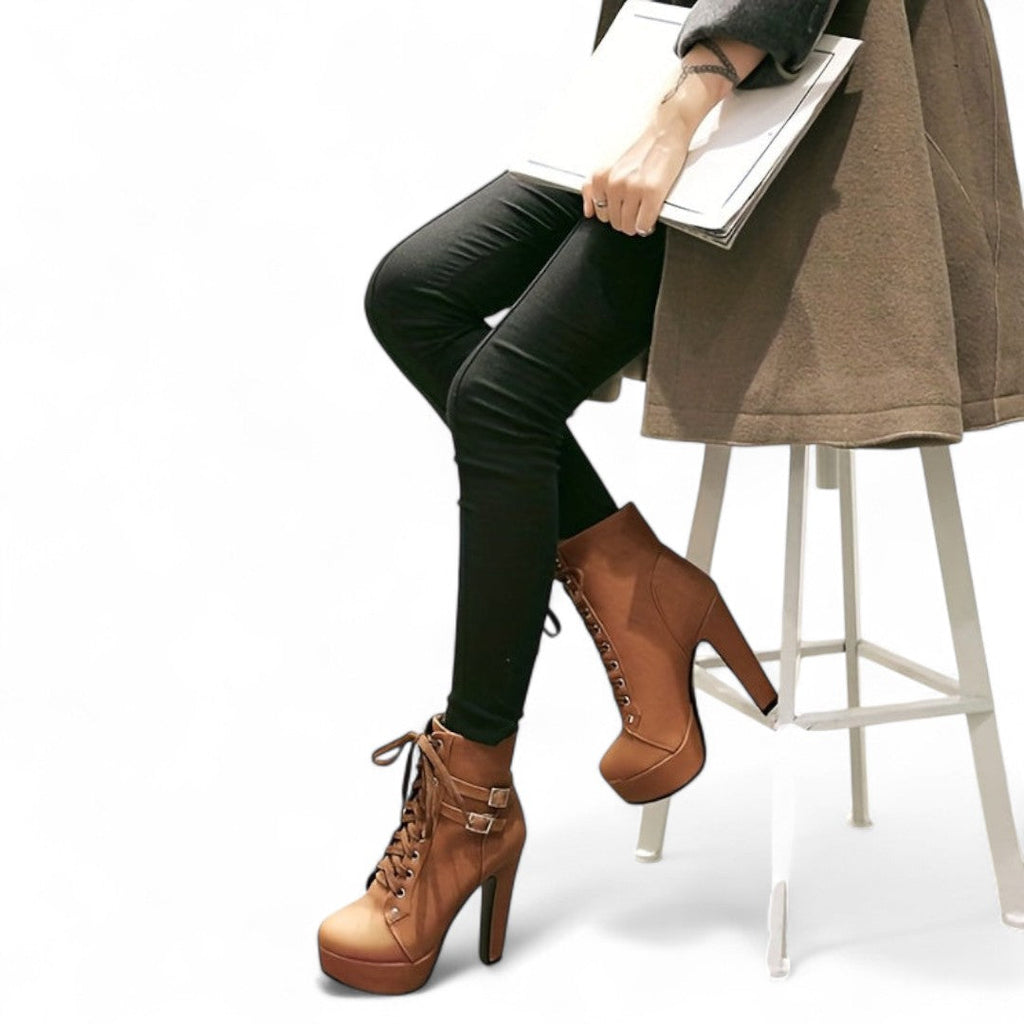 Women’s Lace Up Ankle Boots – Platform Design with Block Heel and Buckle Detail