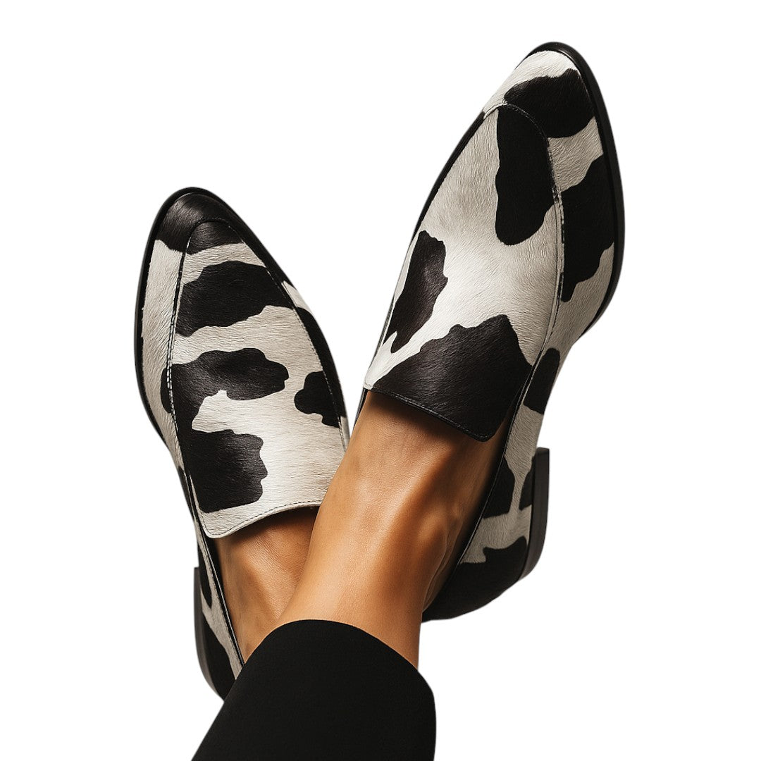 Women’s Loafers – Slip On Design, Cow Print Pattern, Low Heel