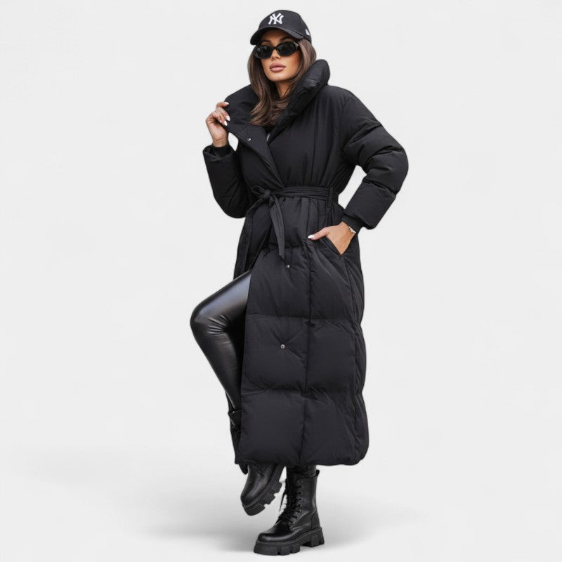 Women’s Long Puffer Coat – Oversized Fit, Belted Waist