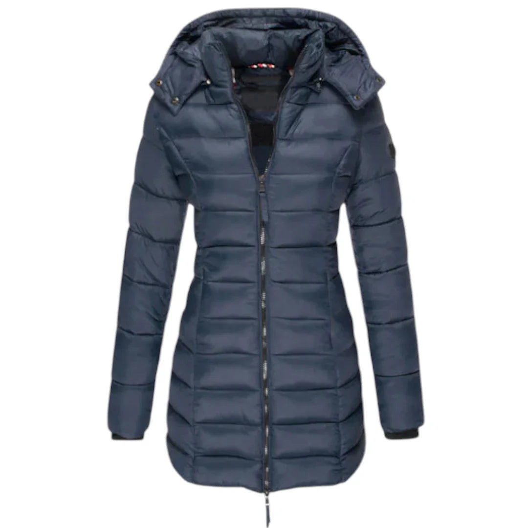Women’s Mid Length Puffer Coat – Hooded Design, Zip Front, Quilted Finish