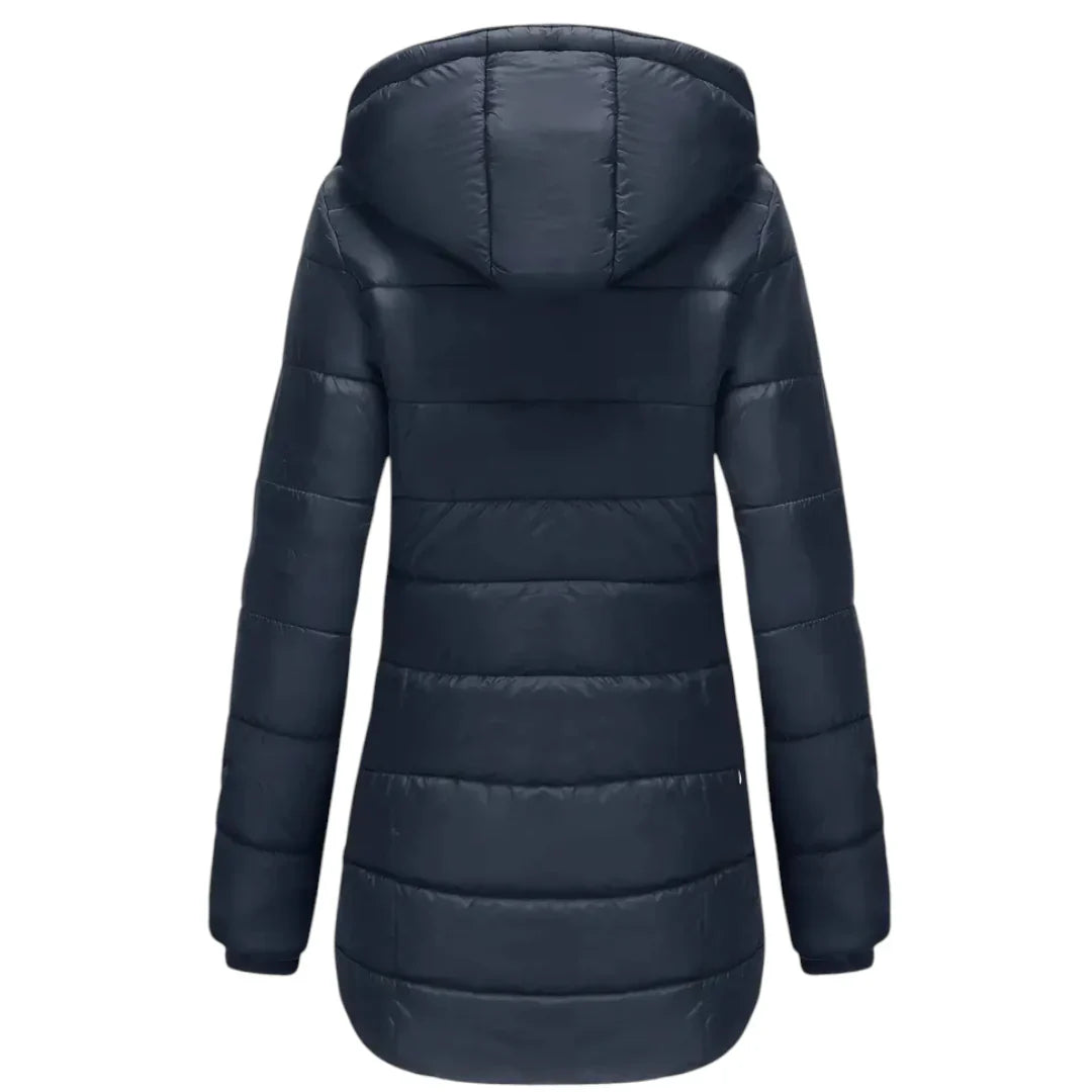 Women’s Mid Length Puffer Coat – Hooded Design, Zip Front, Quilted Finish