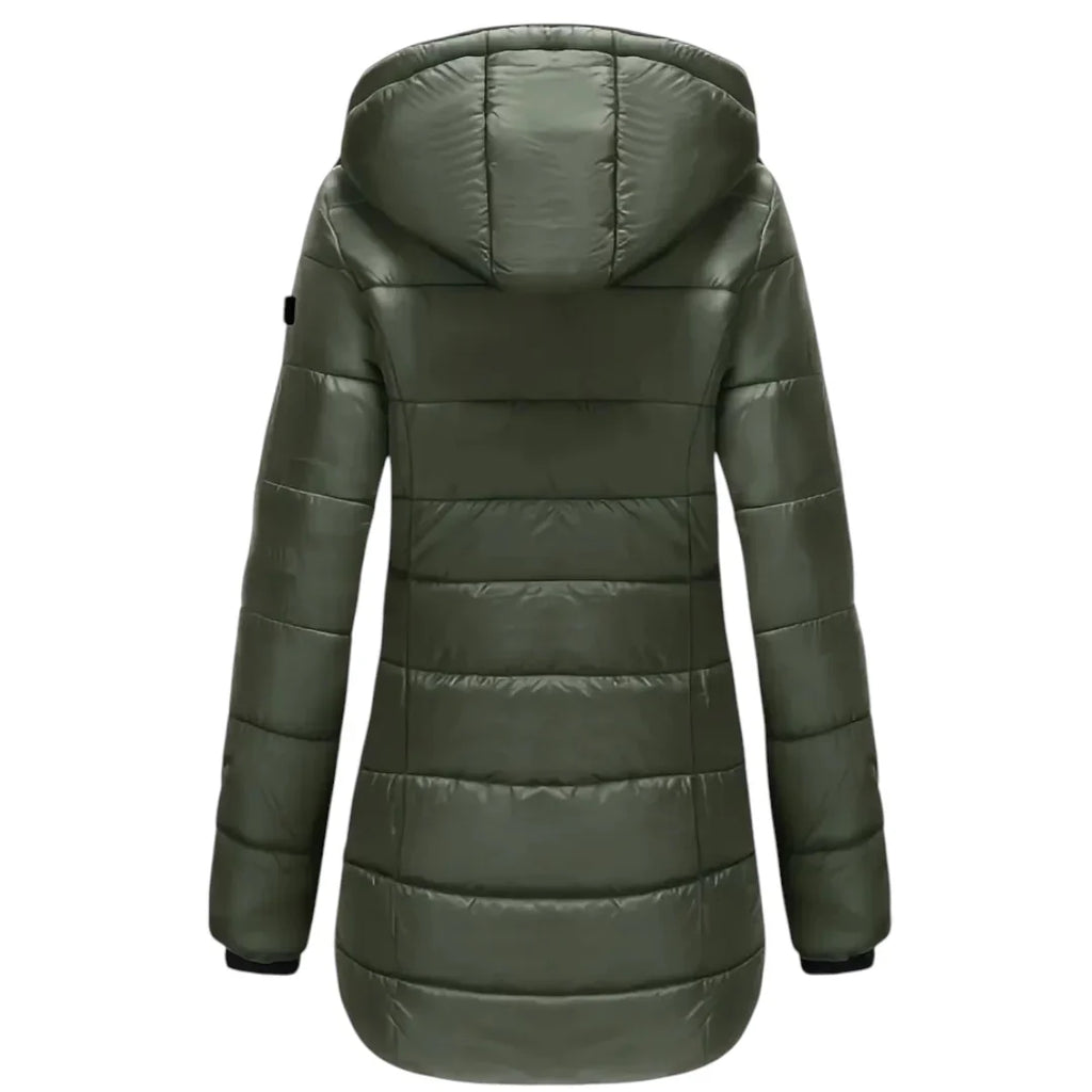 Women’s Mid Length Puffer Coat – Hooded Design, Zip Front, Quilted Finish