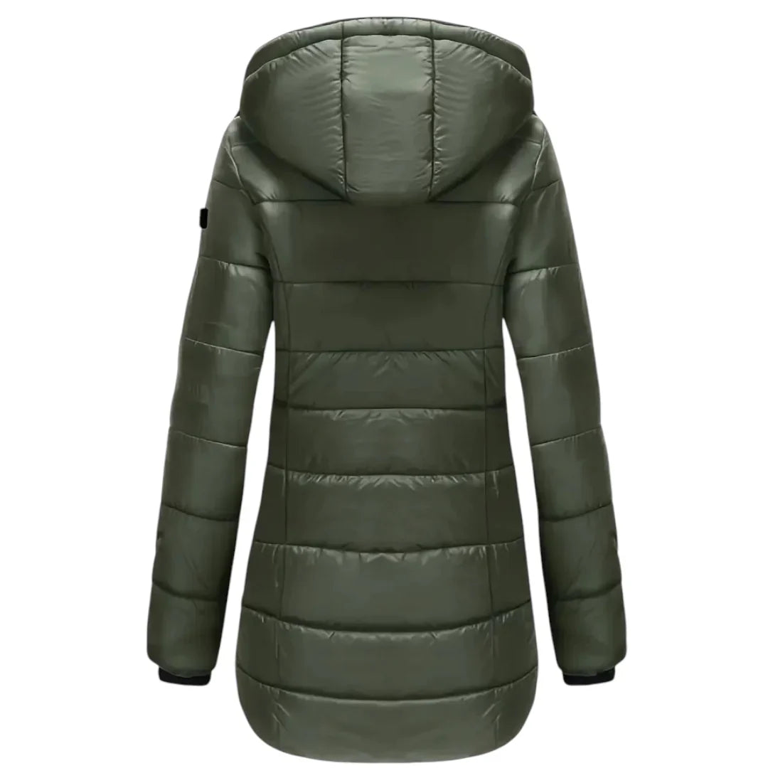 Women’s Mid Length Puffer Coat – Hooded Design, Zip Front, Quilted Finish