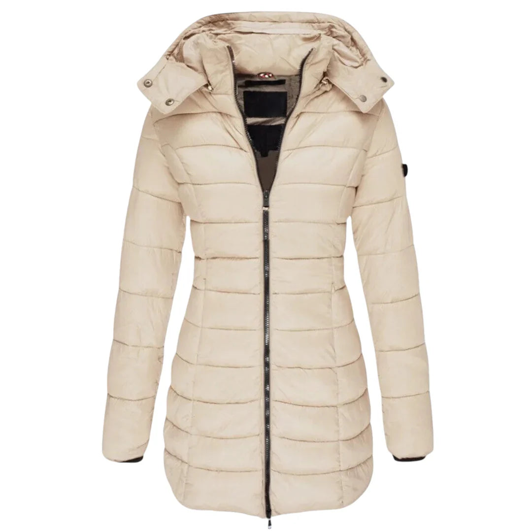 Women’s Mid Length Puffer Coat – Hooded Design, Zip Front, Quilted Finish