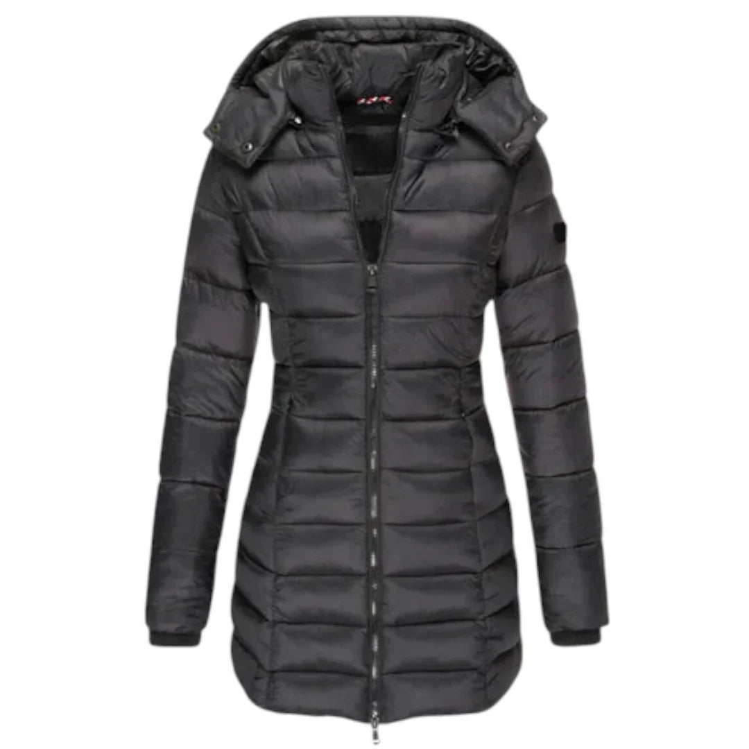Women’s Mid Length Puffer Coat – Hooded Design, Zip Front, Quilted Finish