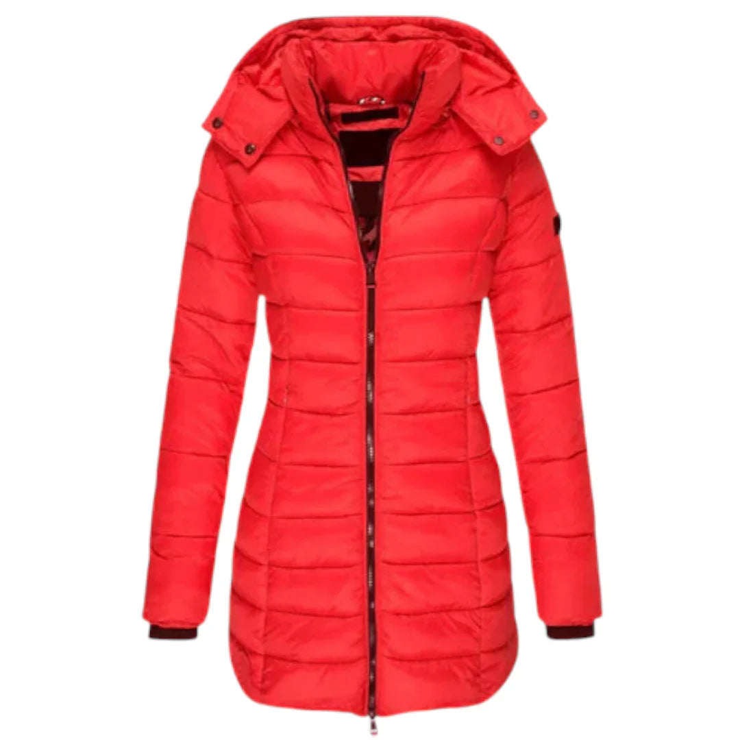 Women’s Mid Length Puffer Coat – Hooded Design, Zip Front, Quilted Finish
