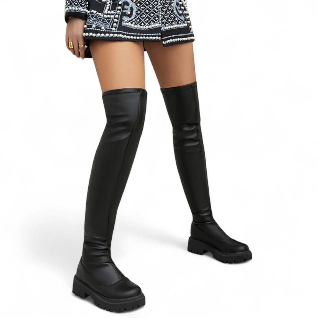 Women’s Over the Knee Boots – Stretch Fit, Round Toe, Low Block Heel, Lug Sole