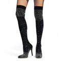 Women’s Over the Knee Boots – Stretch Mesh Design with Pointed Stiletto Heels and Rhinestone Detail