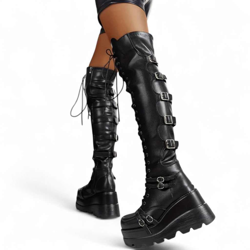 Women’s Over the Knee Platform Boots – Lace Up Design with Side Zip, Buckle Straps and Chunky Sole