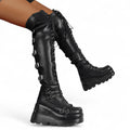 Women’s Over the Knee Platform Boots – Lace Up Design with Side Zip, Buckle Straps and Chunky Sole