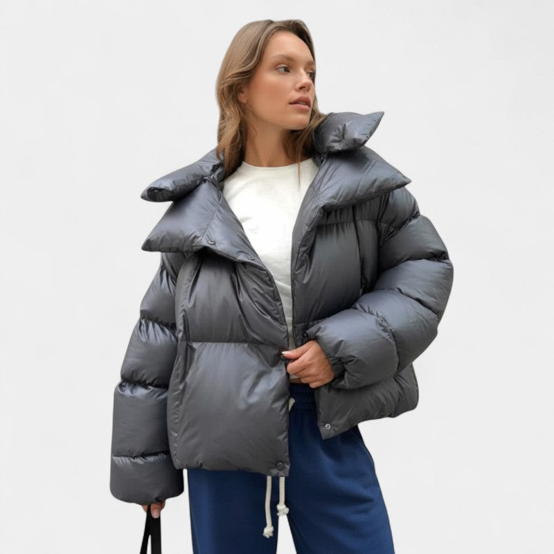 Women’s Oversized Puffer Jacket – High Neck, Quilted Design, Long Sleeves