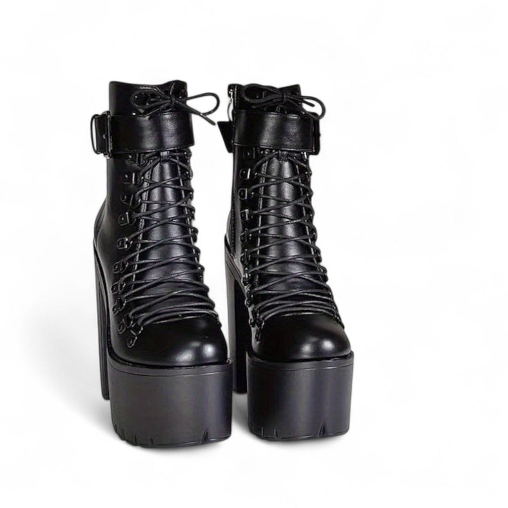 Women’s Platform Ankle Boots – Lace Up Front, Side Zip, Buckle Strap, Chunky High Heel, Textured Sole
