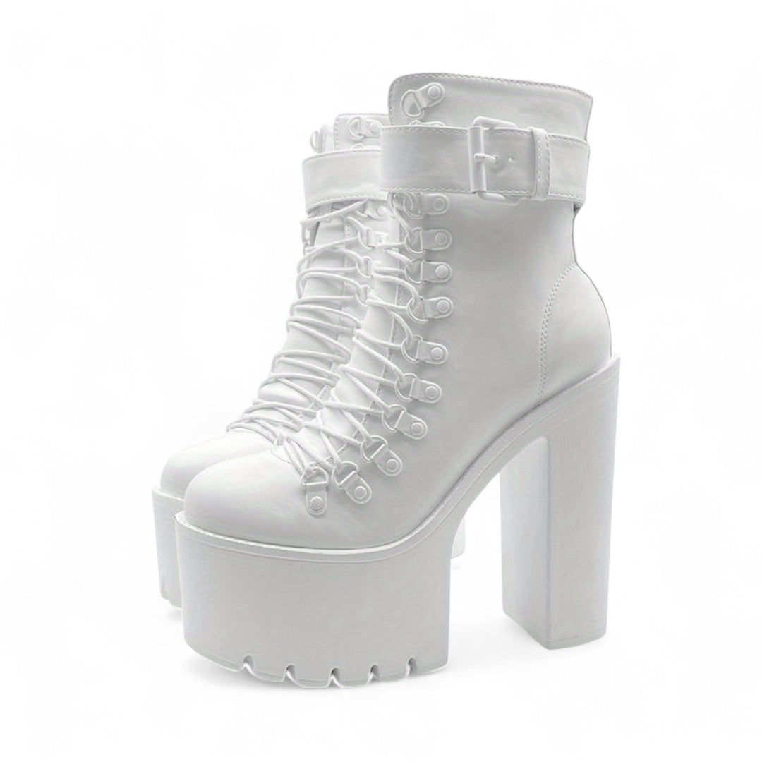 Women’s Platform Ankle Boots – Lace Up Front, Side Zip, Buckle Strap, Chunky High Heel, Textured Sole
