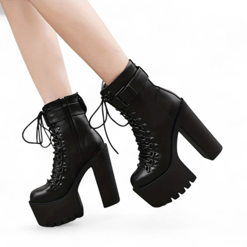 Women’s Platform Ankle Boots – Lace Up Front, Side Zip, Buckle Strap, Chunky High Heel, Textured Sole
