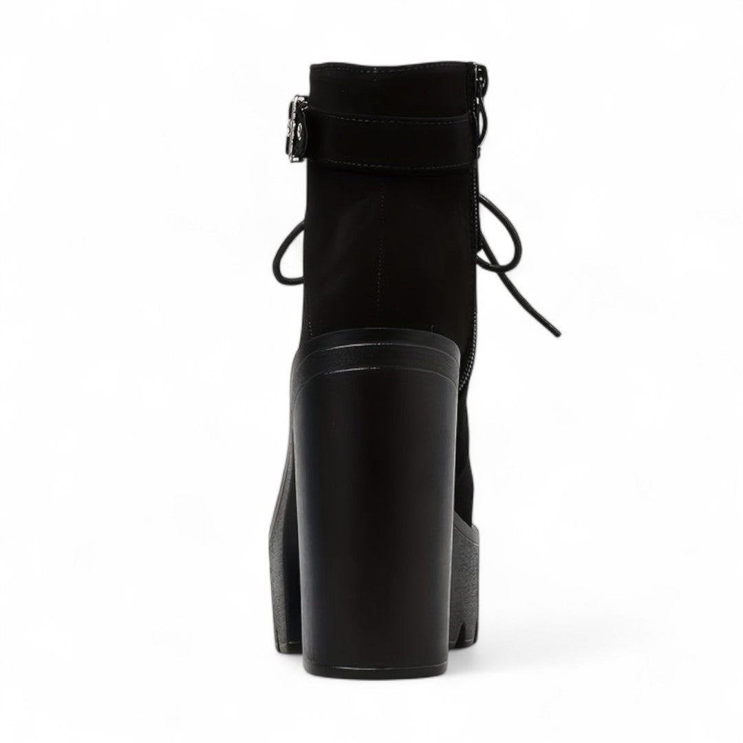 Women’s Platform Ankle Boots – Lace Up Front with Round Toe, Block Heel and Buckle Strap