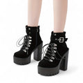 Women’s Platform Ankle Boots – Lace Up Front with Round Toe, Block Heel and Buckle Strap