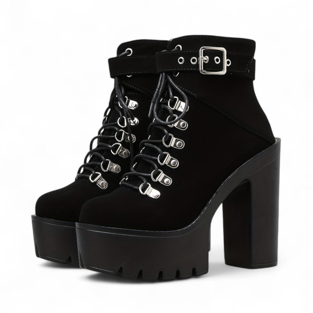 Women’s Platform Ankle Boots – Lace Up Front with Round Toe, Block Heel and Buckle Strap