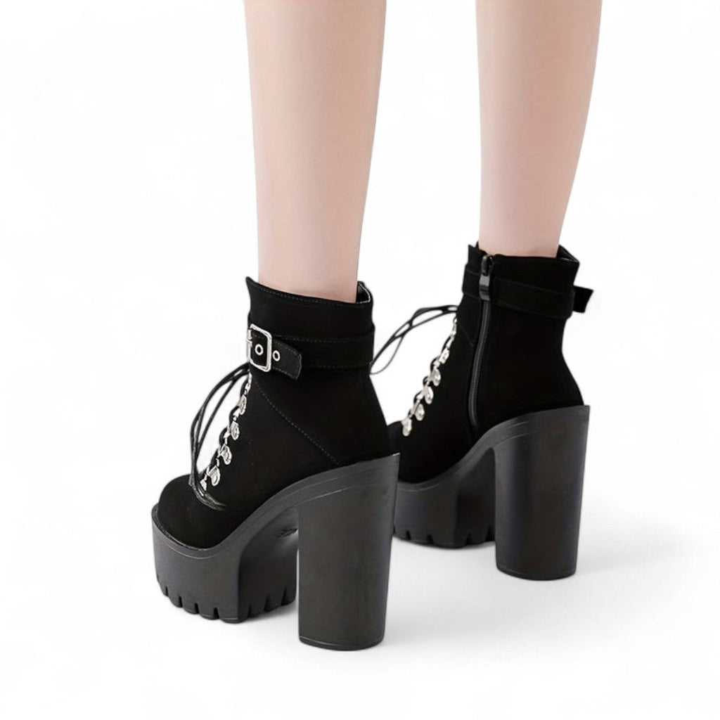 Women’s Platform Ankle Boots – Lace Up Front with Round Toe, Block Heel and Buckle Strap