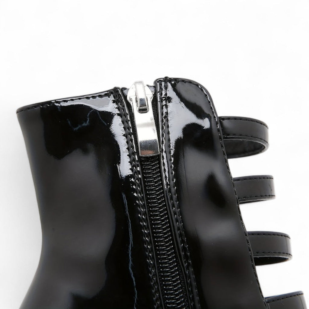 Women’s Platform Ankle Boots – Round Toe Block Heel Design with Multi Strap and Heart Buckle Detail