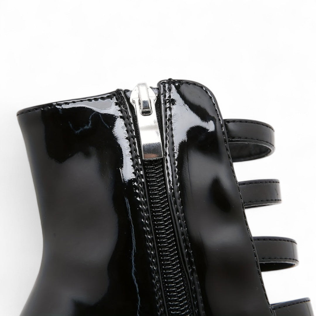 Women’s Platform Ankle Boots – Round Toe Block Heel Design with Multi Strap and Heart Buckle Detail