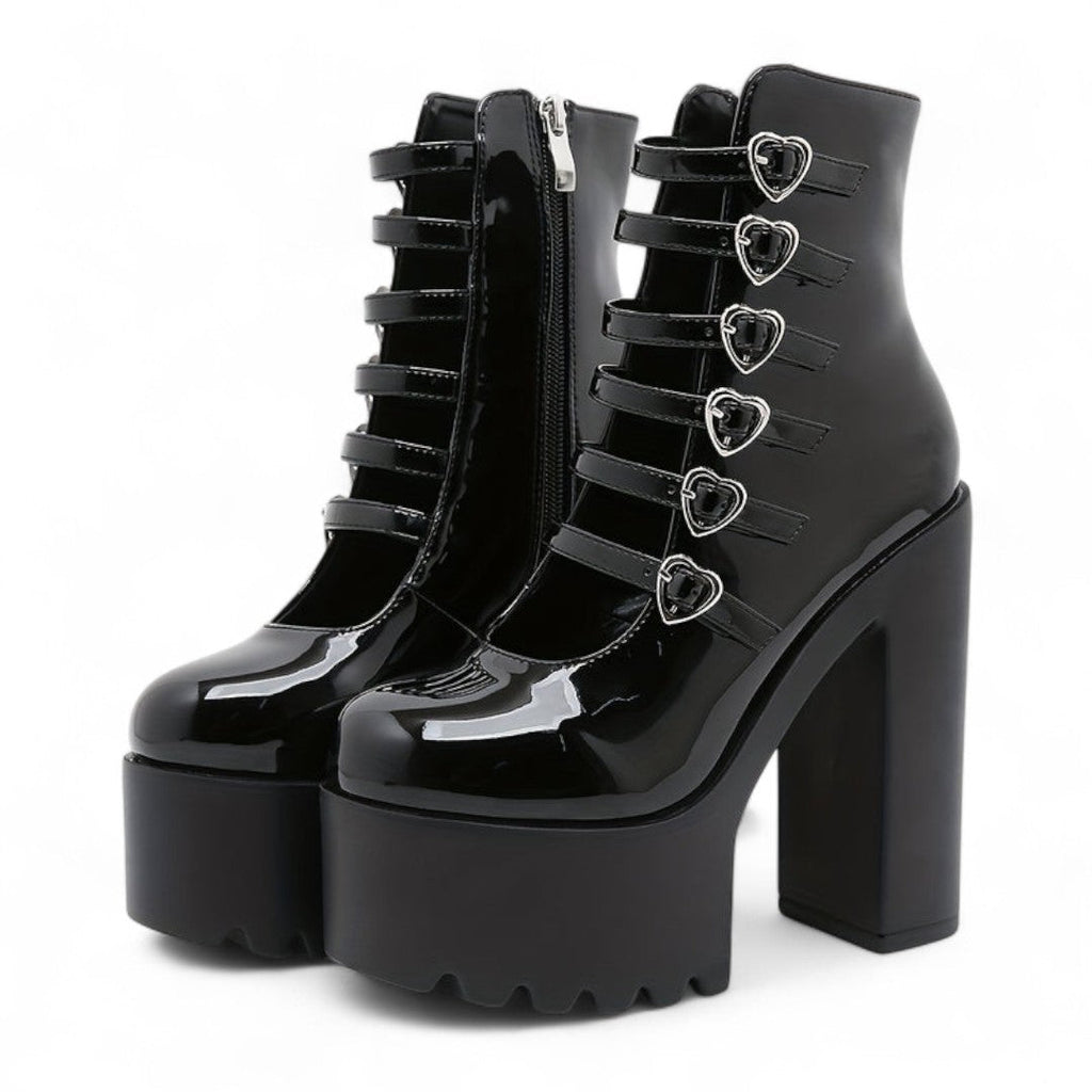 Women’s Platform Ankle Boots – Round Toe Block Heel Design with Multi Strap and Heart Buckle Detail