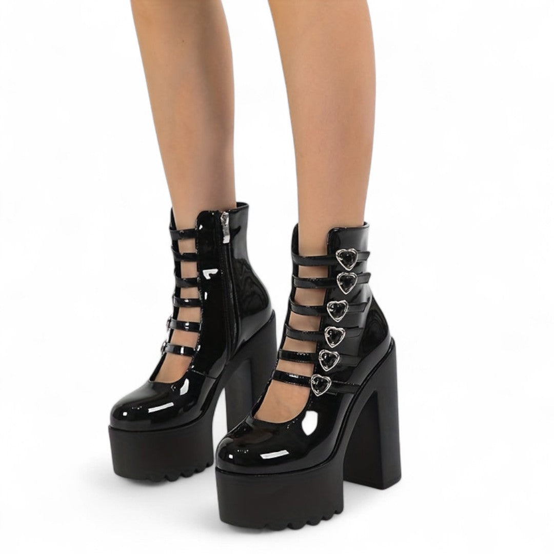 Women’s Platform Ankle Boots – Round Toe Block Heel Design with Multi Strap and Heart Buckle Detail