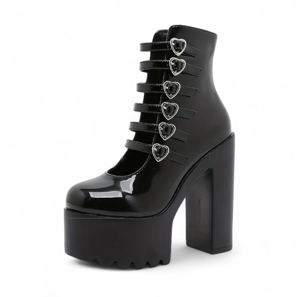 Women’s Platform Ankle Boots – Round Toe Block Heel Design with Multi Strap and Heart Buckle Detail
