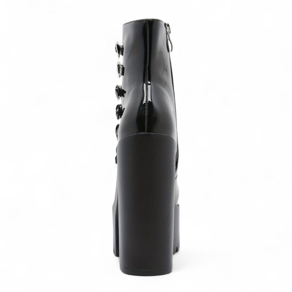 Women’s Platform Ankle Boots – Round Toe Block Heel Design with Multi Strap and Heart Buckle Detail