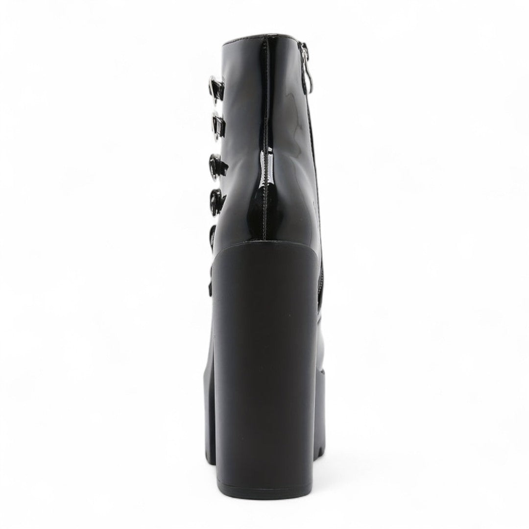 Women’s Platform Ankle Boots – Round Toe Block Heel Design with Multi Strap and Heart Buckle Detail