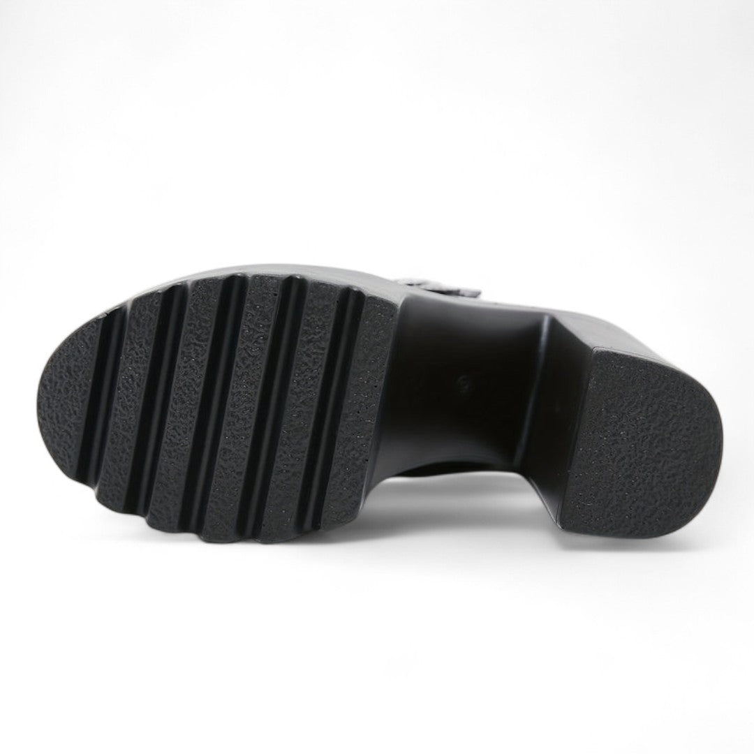 Women’s Platform Ankle Boots – Round Toe Block Heel Design with Multi Strap and Heart Buckle Detail