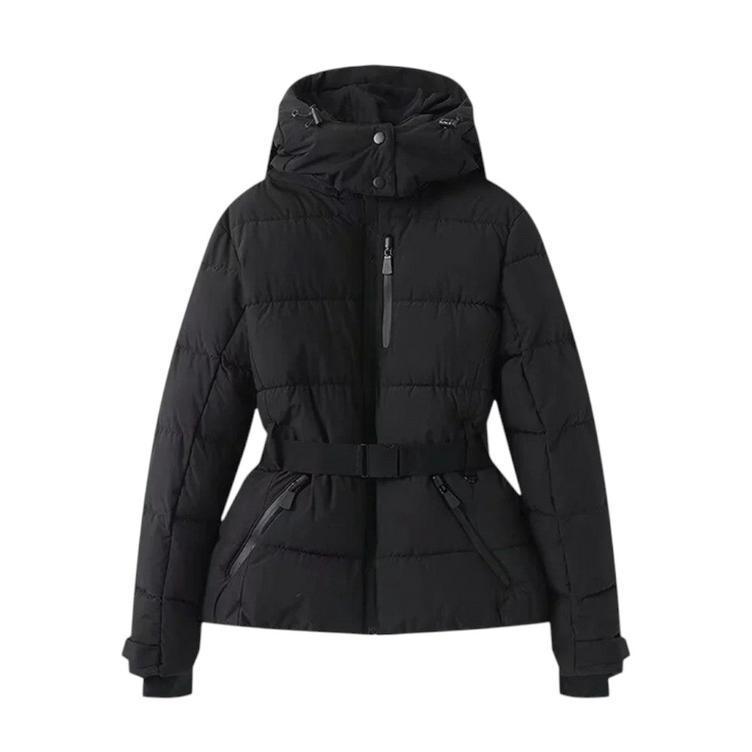 Women’s Puffer Jacket – Hooded Design, Waist Belt