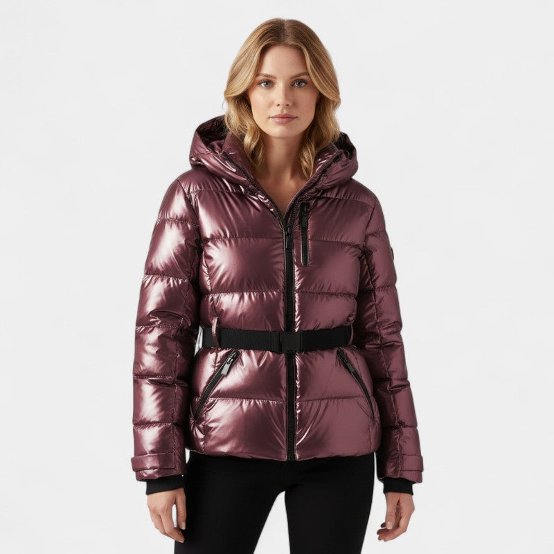 Women’s Puffer Jacket – Hooded Design, Waist Belt
