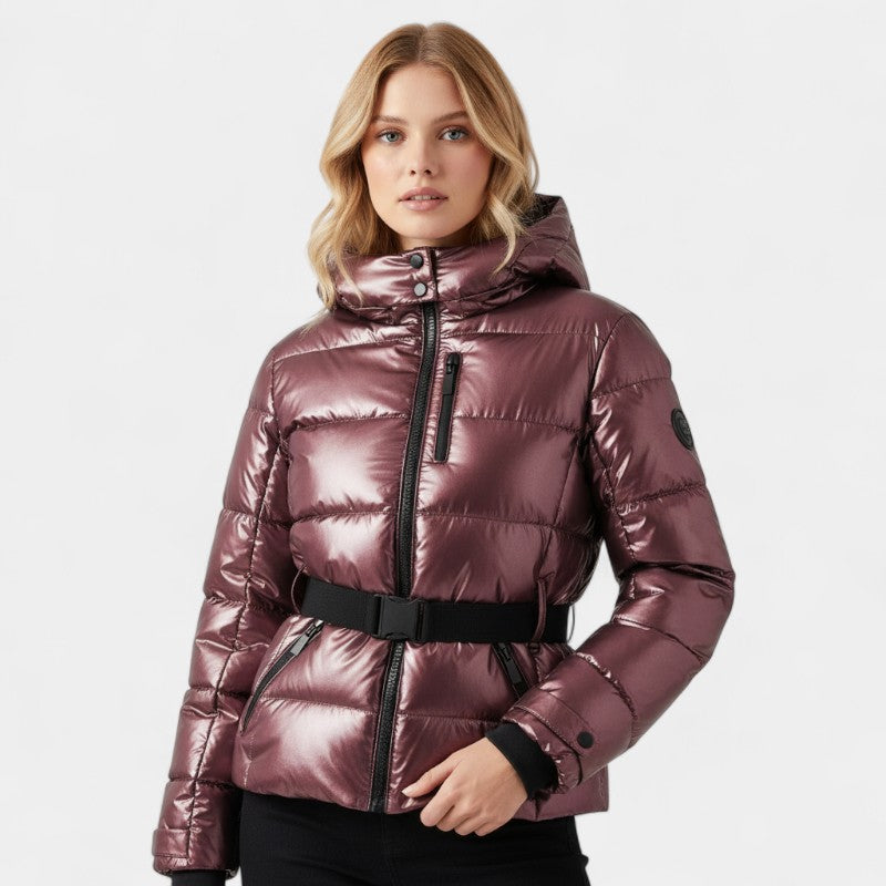 Women’s Puffer Jacket – Hooded Design, Waist Belt
