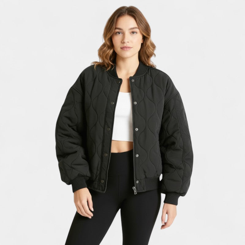 Women’s Quilted Bomber Jacket – Oversized Fit, Ribbed Hem and Cuffs