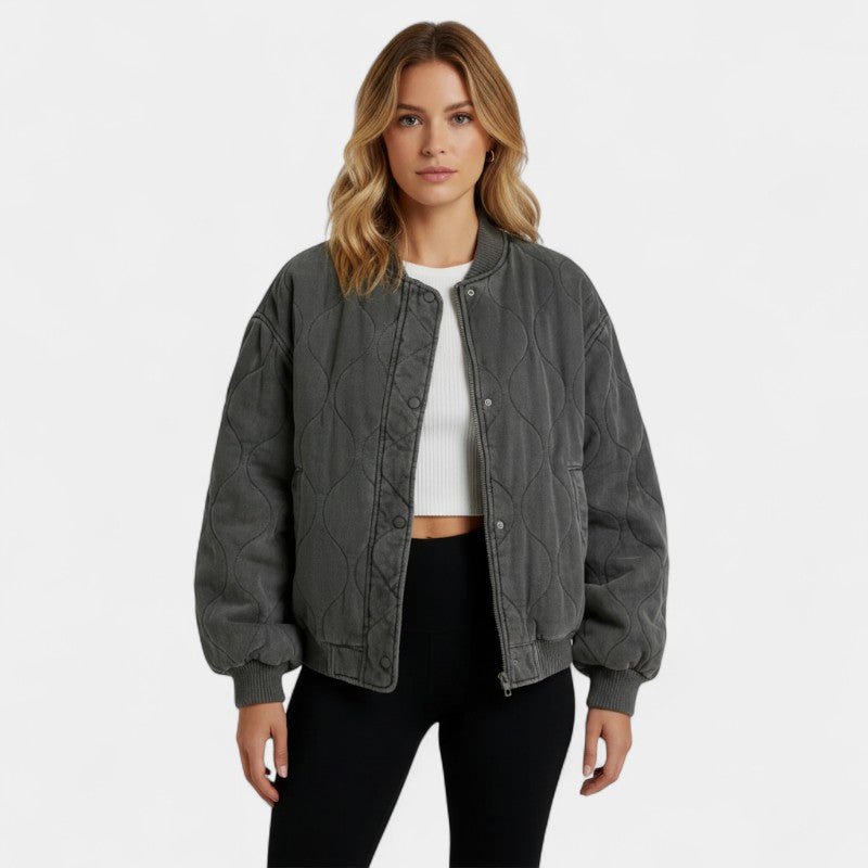 Women’s Quilted Bomber Jacket – Oversized Fit, Ribbed Hem and Cuffs