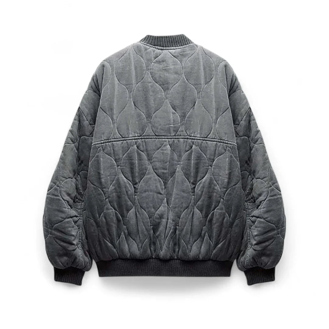 Women’s Quilted Bomber Jacket – Oversized Fit, Snap Button Front, Grey