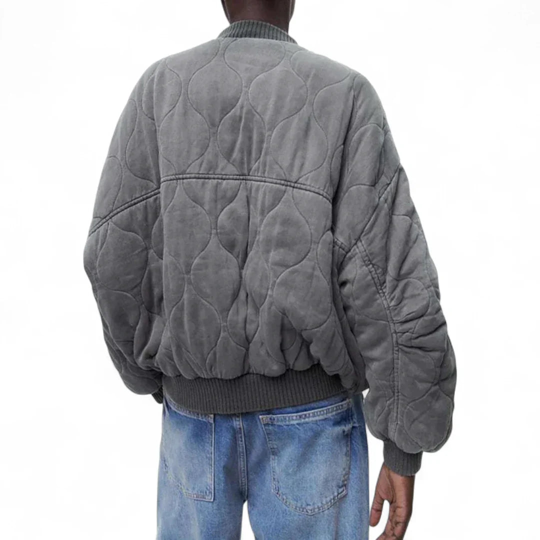 Women’s Quilted Bomber Jacket – Oversized Fit, Snap Button Front, Grey