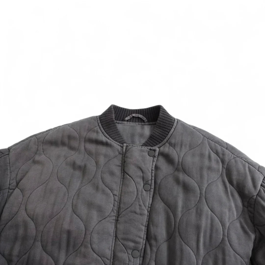 Women’s Quilted Bomber Jacket – Oversized Fit, Snap Button Front, Grey