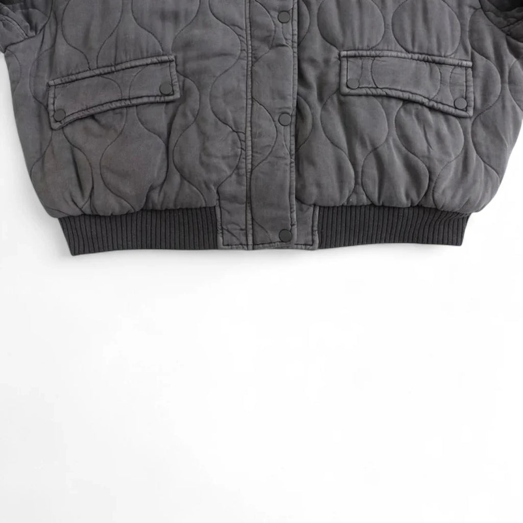 Women’s Quilted Bomber Jacket – Oversized Fit, Snap Button Front, Grey