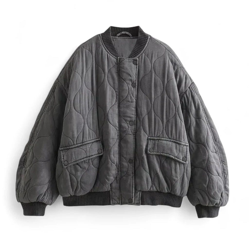 Women’s Quilted Bomber Jacket – Oversized Fit, Snap Button Front, Grey