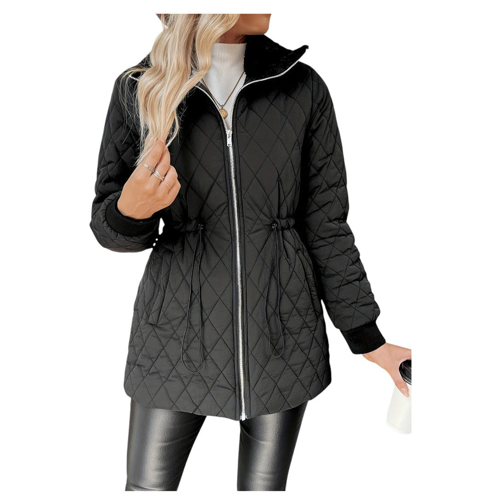 Women’s Quilted Jacket – Zip Front, Drawstring Waist, Long Sleeve Design