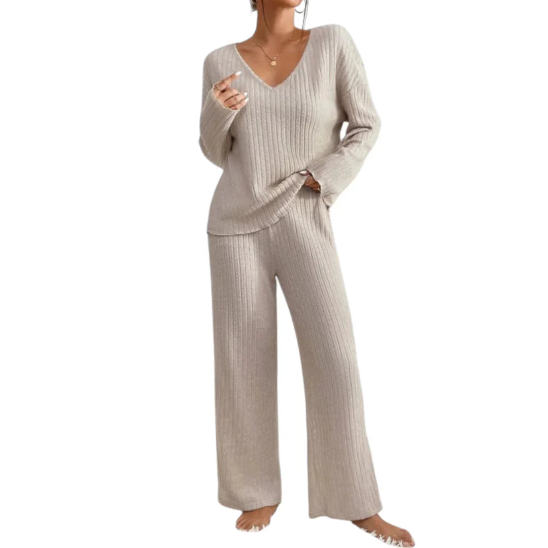 Women’s Ribbed Lounge Set – V Neck Long Sleeve Top and Wide Leg Trousers