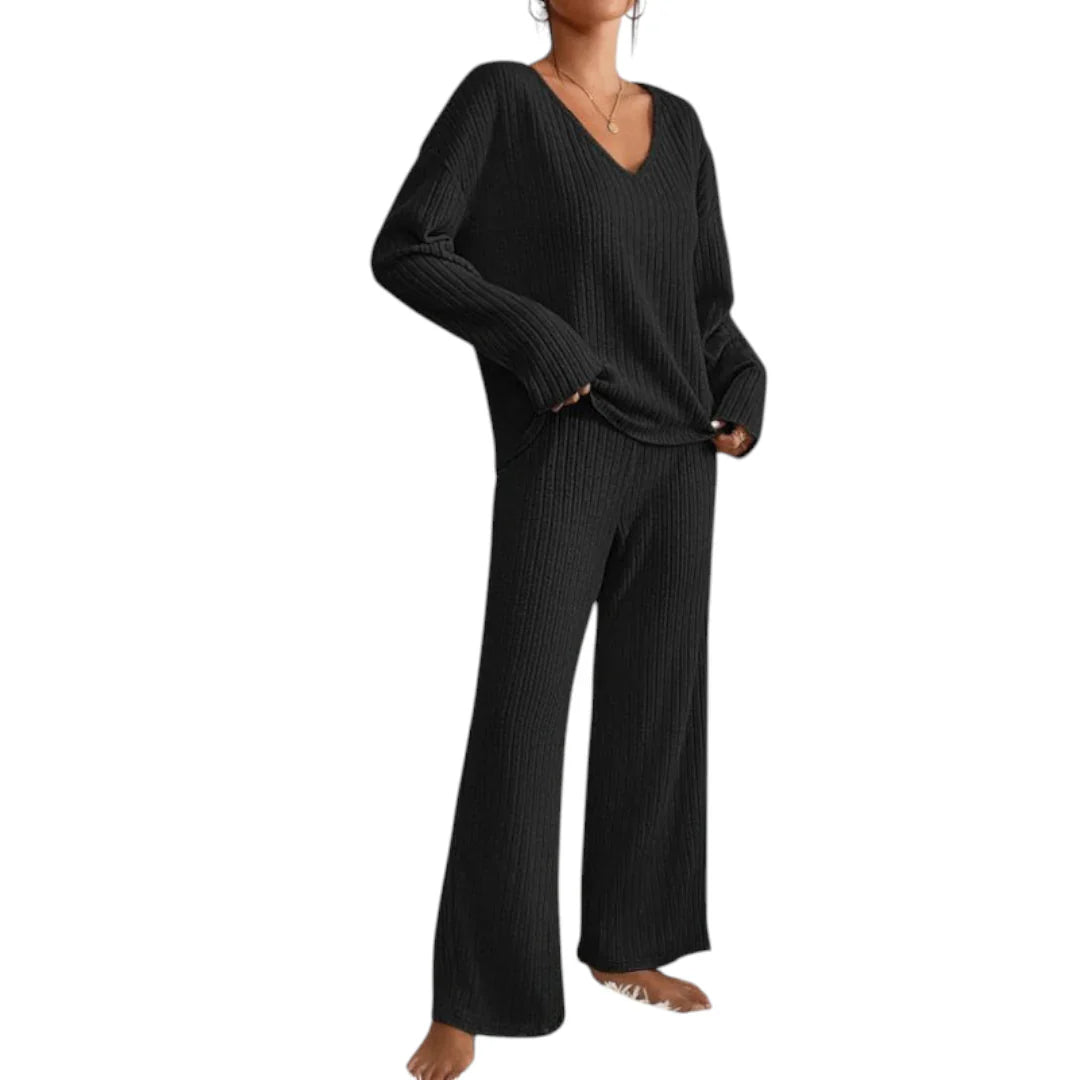 Women’s Ribbed Lounge Set – V Neck Long Sleeve Top and Wide Leg Trousers