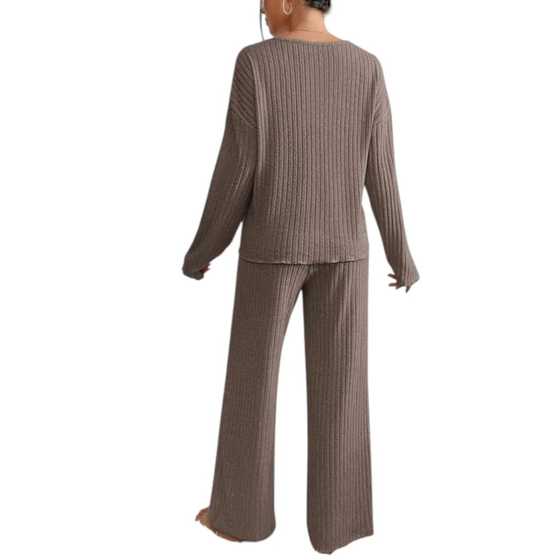Women’s Ribbed Lounge Set – V Neck Long Sleeve Top and Wide Leg Trousers