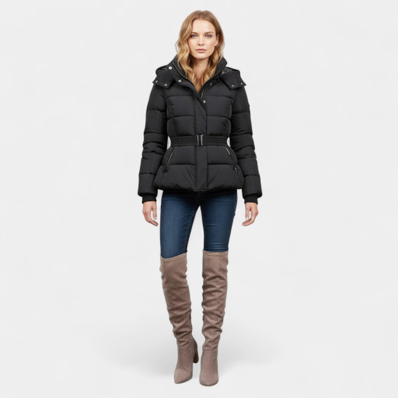 Women’s Short Puffer Jacket – Black, Belted Design, Hooded